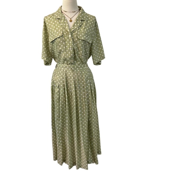 Chaudry Dresses & Skirts - Vintage Rayon Skirt Set Polka Dot Sage Midi Tea Dress Cottagecore 12